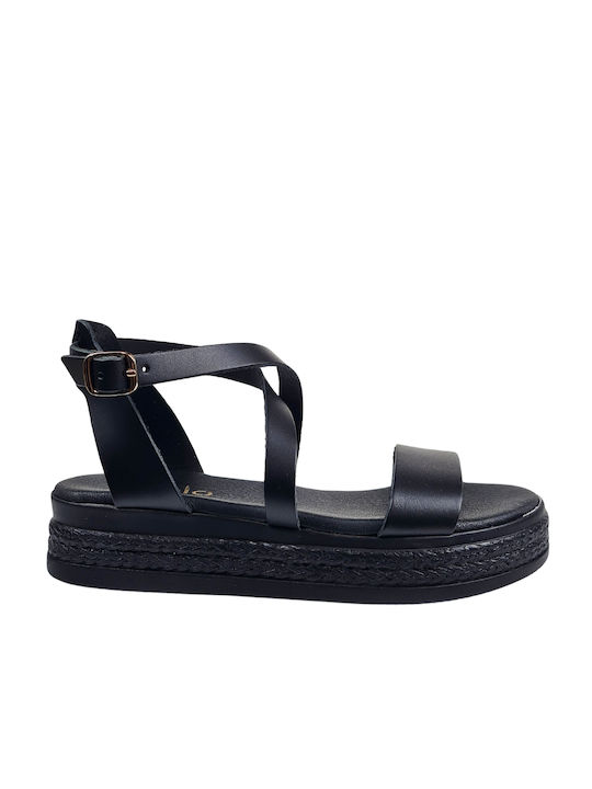 Black Leather Flatforms Cross Strap Detail