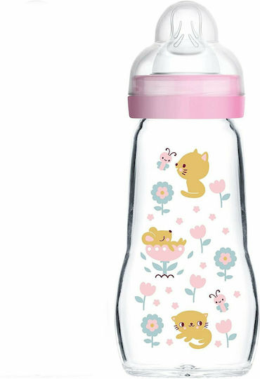 Mam Glass Baby Bottle Feel Good with Silicone Nipple for 2+ months Pink Pink Kitty-Flowers 260ml