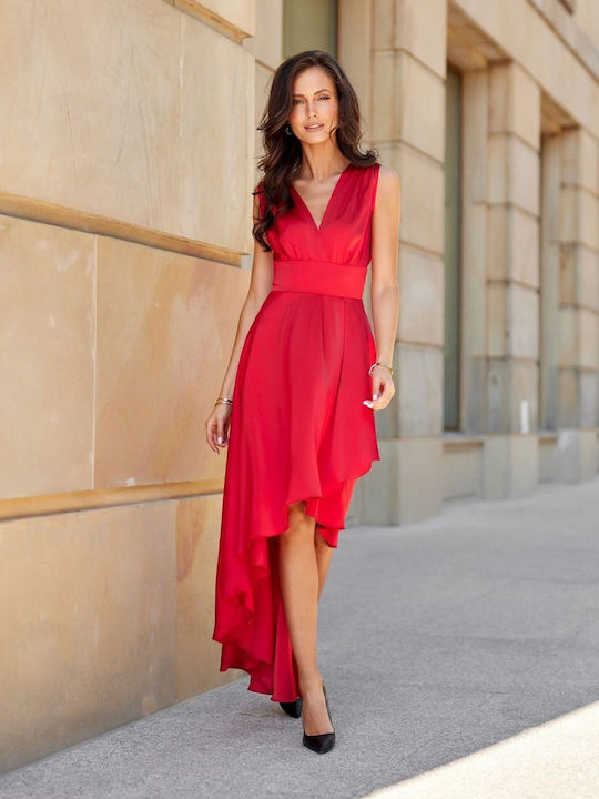 Roco Fashion Maxi Βραδινό Φόρεμα Σατέν με Βολάν Κόκκινο