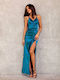 Roco Fashion Maxi Βραδινό Φόρεμα Εξώπλατο Μπλε