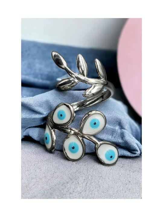 Steel Silver Ring with Blue Flowers and Eyes