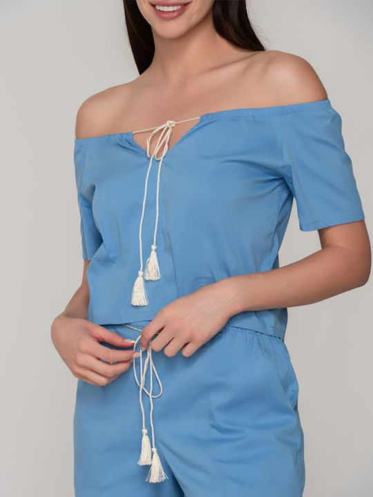 Luna Damen Bluse Baumwoll Schulterfrei Kurzärmelig Blue