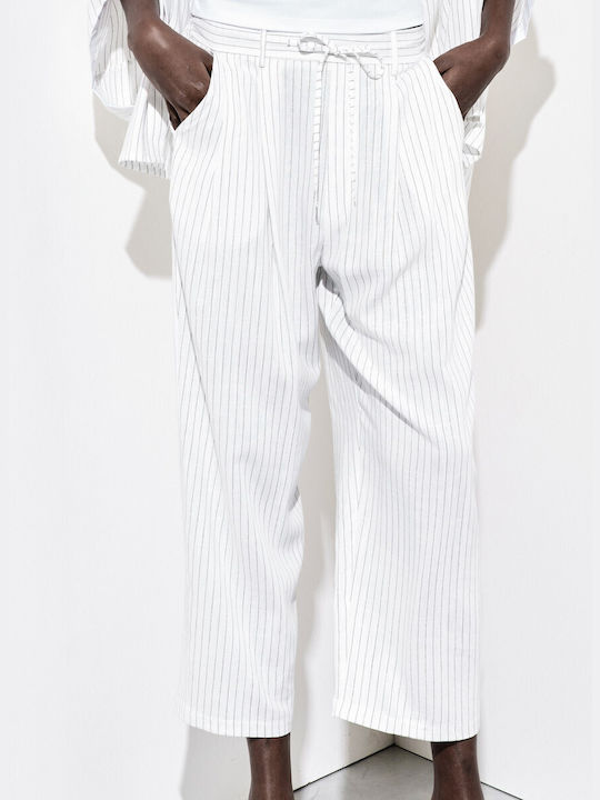 Lumina Women's Linen Trousers in Regular Fit Striped White