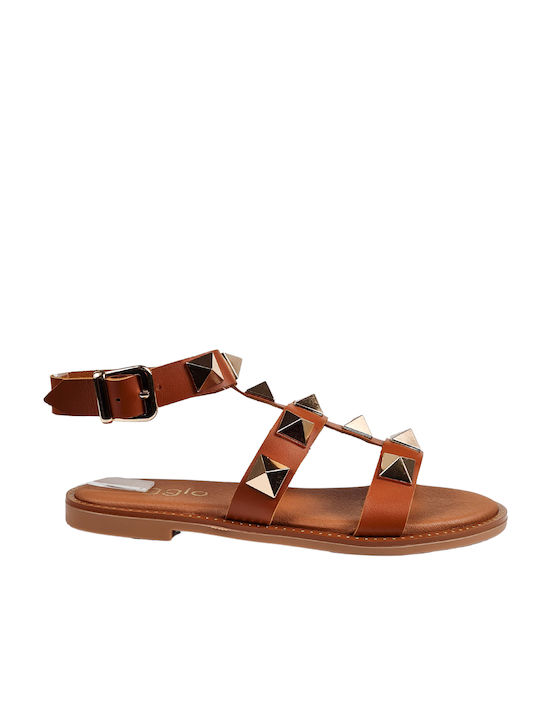 Ligglo Leder Damen Flache Sandalen mit Riemen in Tabac Braun Farbe