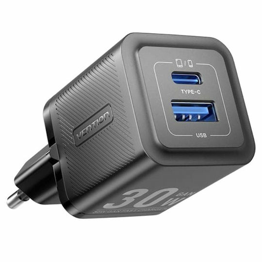 Vention Φορτιστής Χωρίς Καλώδιο GaN με Θύρα USB-A και Θύρα USB-C 30W Power Delivery / Quick Charge 3.0 Μαύρος (FEQB0-EU)