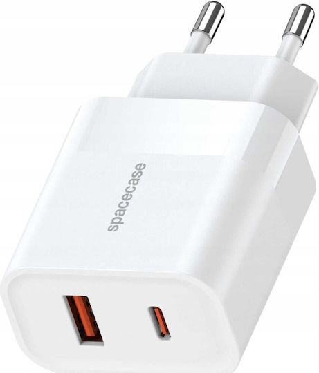 Spacecase Зарядно без кабел с USB-A порт и USB-C порт 20W Бял (Spacecase SC002W)