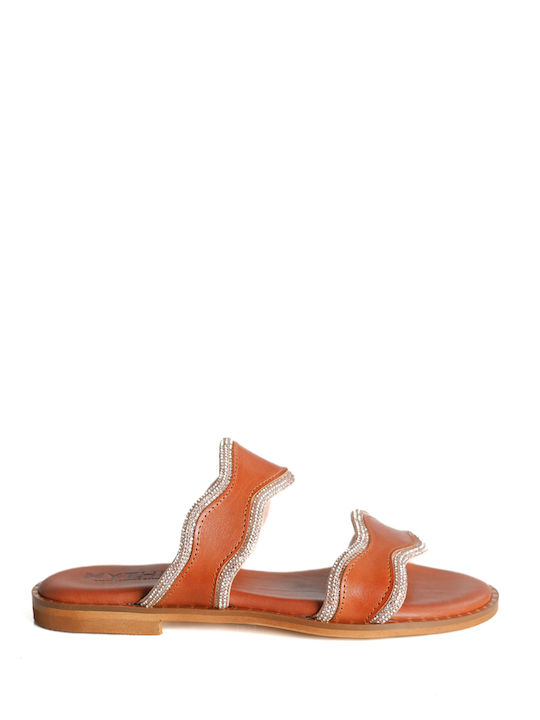 Tan Leather Flat Sandals with Wave Strap and Rhinestones