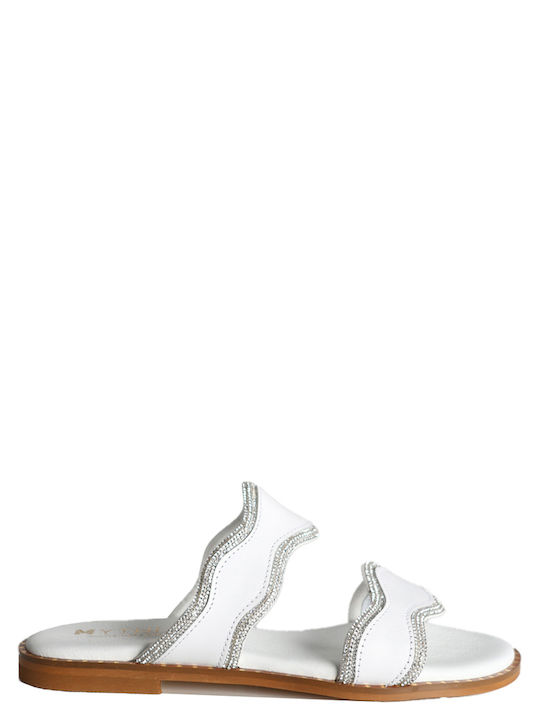 White Leather Sandals with Wavy Strap and Rhinestones