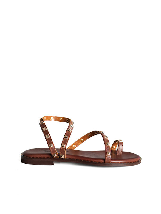 Brown Leather Flat Sandals with Strappy Rhinestone