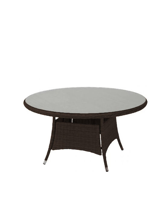 Τραπέζι Rattan με Γυάλινη Επιφάνεια Καφέ 140x140εκ.
