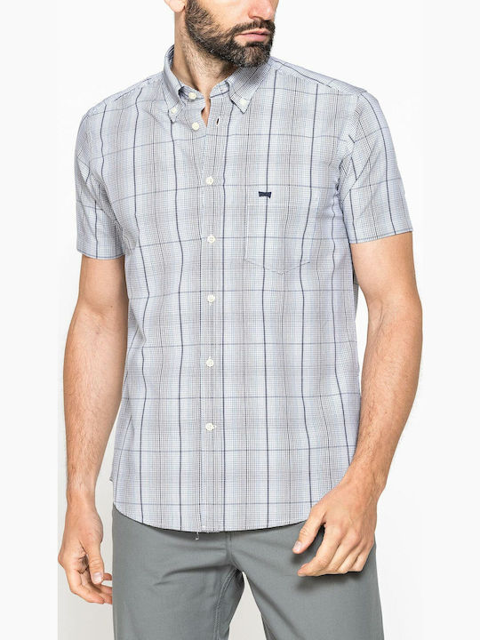 Short-sleeved Cotton Shirt Checked Grey Blue
