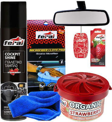 Feral 239883 4-Piece Care Cleaning Set Strawberry Microfiber Pro Towel 40x40cm Feral Hanging Air Freshener Feral Strawberry Scent Dashboard Polish Feral Strawberry Scent 400ml Car Air Freshener Feral Strawberry Scent Wax Jar