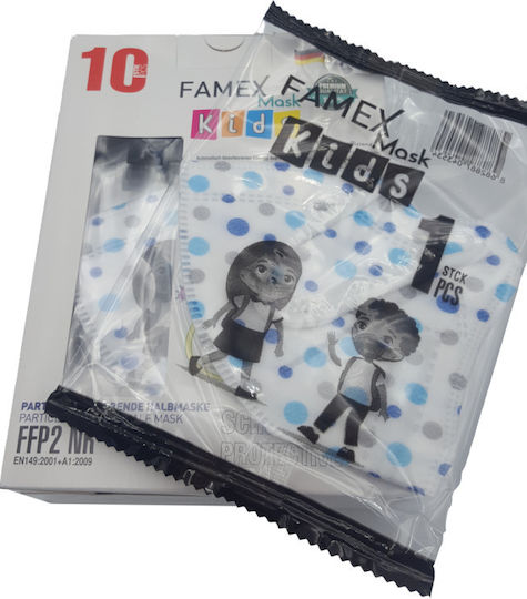 Famex Kids Mask FFP2 NR Μάσκα Προστασίας FFP2 για Παιδιά Λευκή με Μπλε Πουά 20τμχ