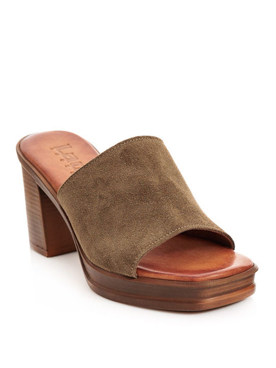 Lady Heel Leather Mules Khaki