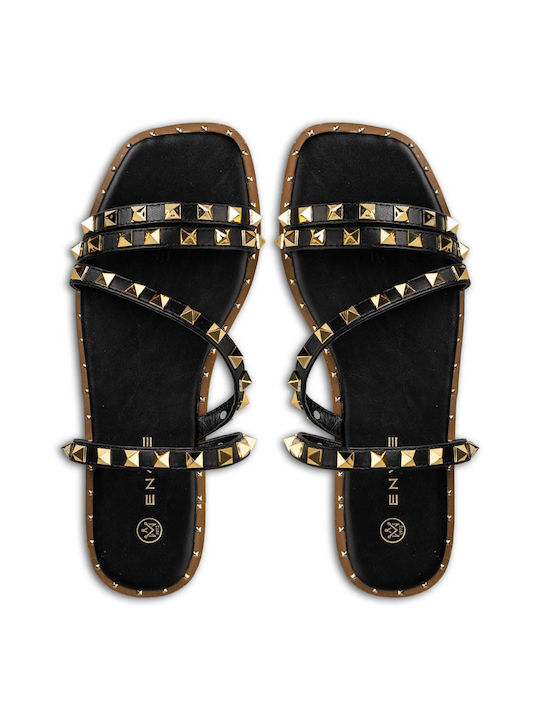 Envie Shoes Leather Women's Flat Sandals in Black Color