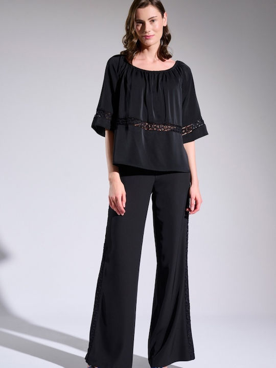 Matis Fashion pentru Femei Crop Top din Satin cu Mâneci Scurte Negru