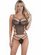 Lingerie Spaghetti Strap String Bodysuit Aurora with Lace Black