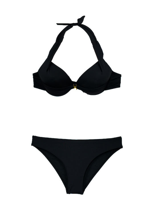 Set bikini pentru femei cu cupa plina si sarma sub bust, negru, marimea S24