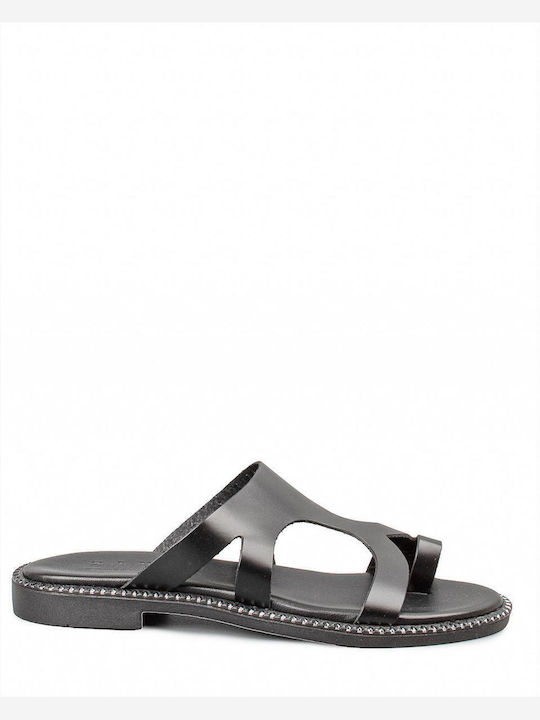 Leather Women's Flat Sandals in Black Color