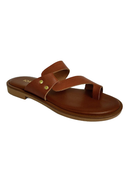 Ioannis Leather Women's Flat Sandals Anatomic in Tabac Brown Color