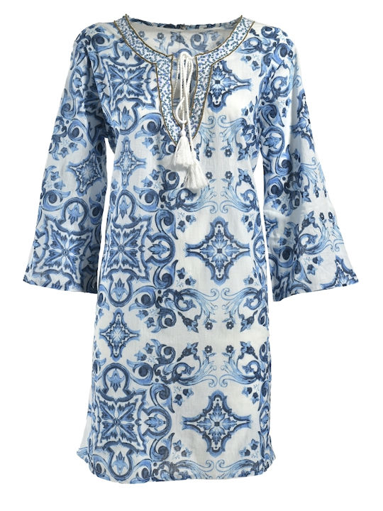 Ble Resort Collection Women's Caftan Beachwear White/blue