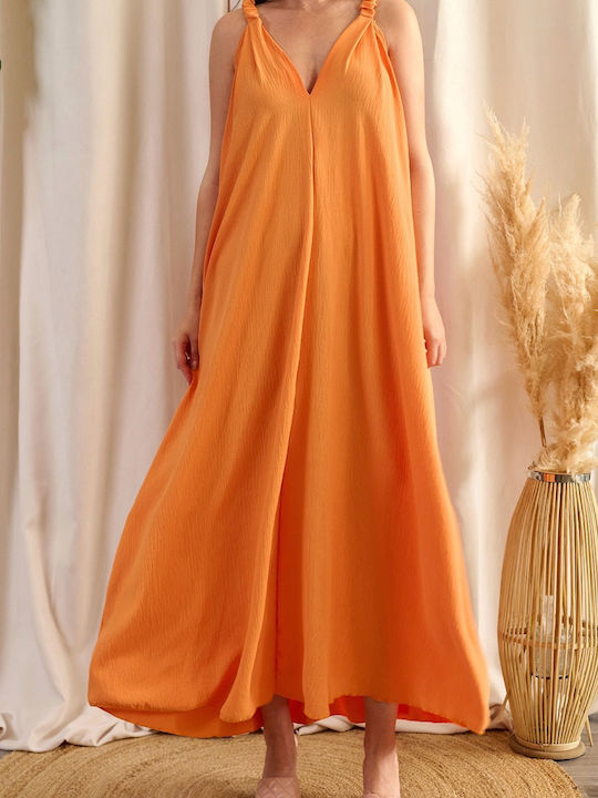 Coralia Πορτοκαλι Φαρδυ Μαξι Φορεμα