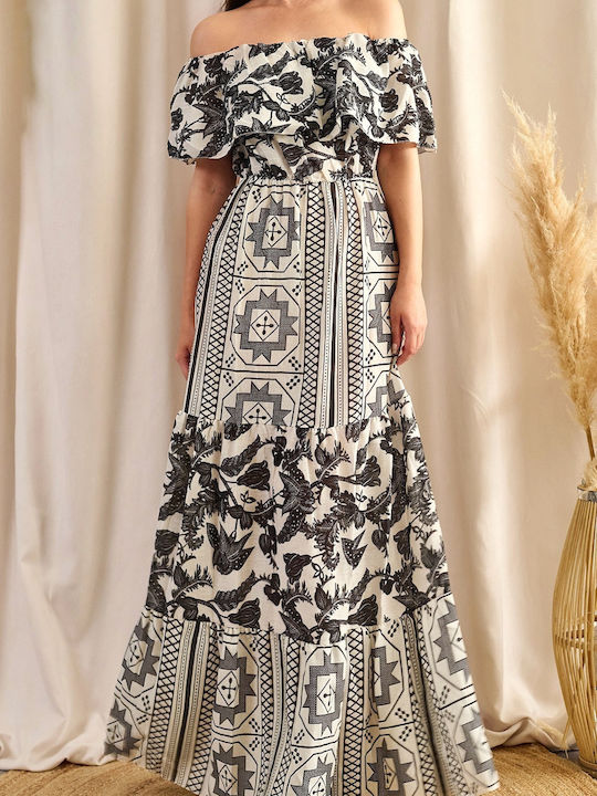 Anemone Maxi besticktes Kleid mit Rüschen, Weiß Schwarz
