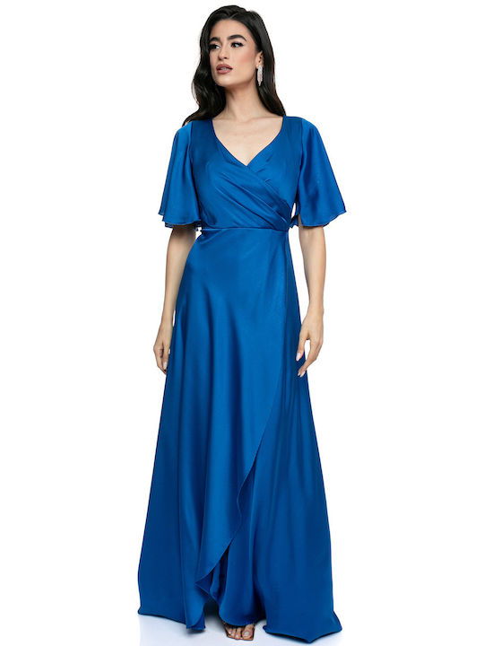 Elegant Long Wrap Dress with V-Neckline and Short Sleeves