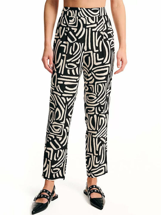 Forel Women's High-waisted Fabric Trousers with Elastic in Regular Fit Black and white