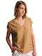 Forel Women's Blouse Short Sleeve with V Neck Brown