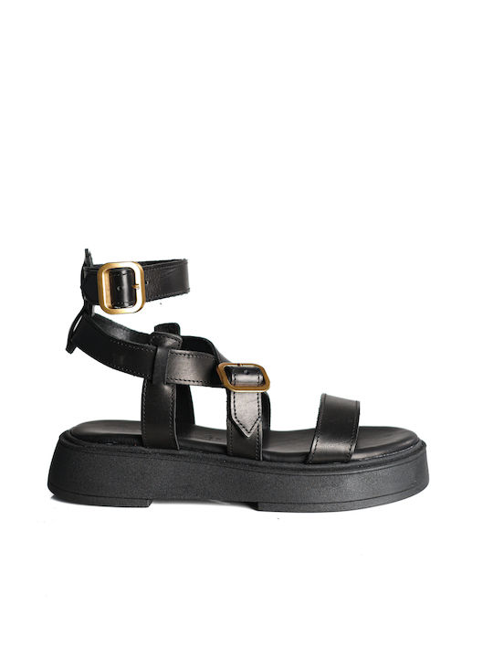 Mythia Leather Women's Flat Sandals with Strap Flatforms in Black Color