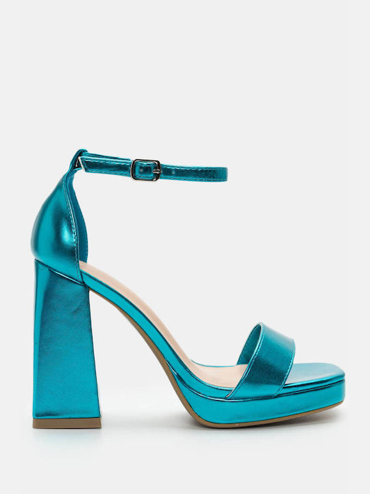 Luigi Platform Synthetic Leather Women's Sandals with Ankle Strap Turquoise with Low Heel