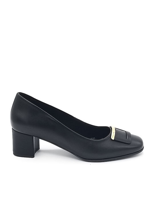 Δερμάτινες Γόβες με Χοντρό Χαμηλό Τακούνι Black Leather
