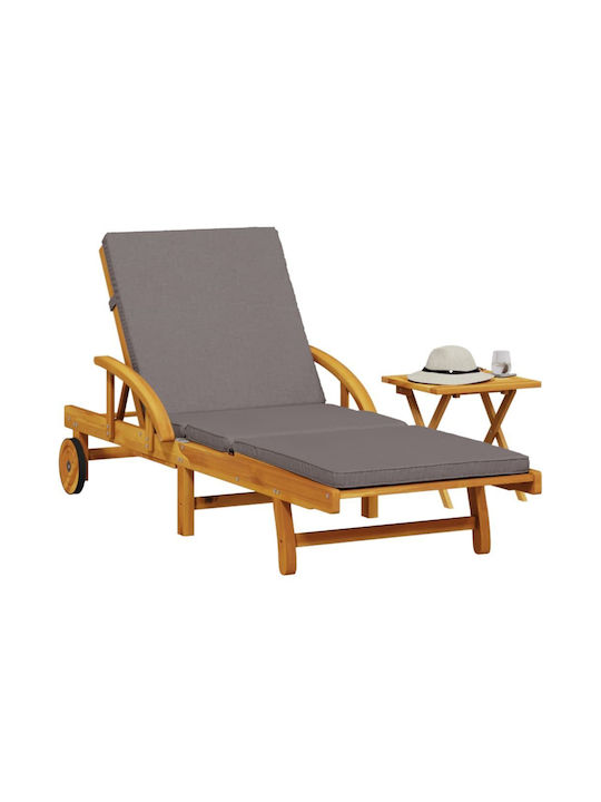 Deckchair Wooden with Cushion & Wheels Brown with Table 200x68x30cm.