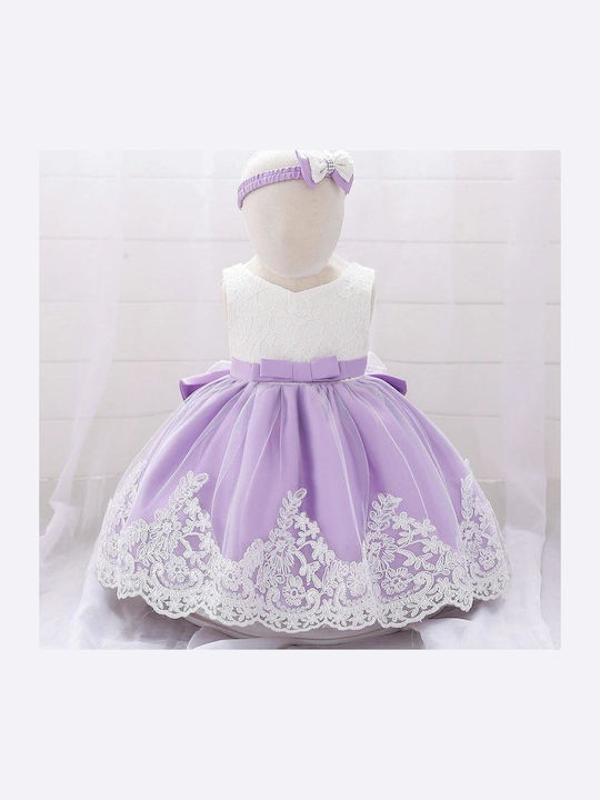 Rochie Fete Fără Mâneci Cu Dantelă Floral Set Cu Accesorii Lila