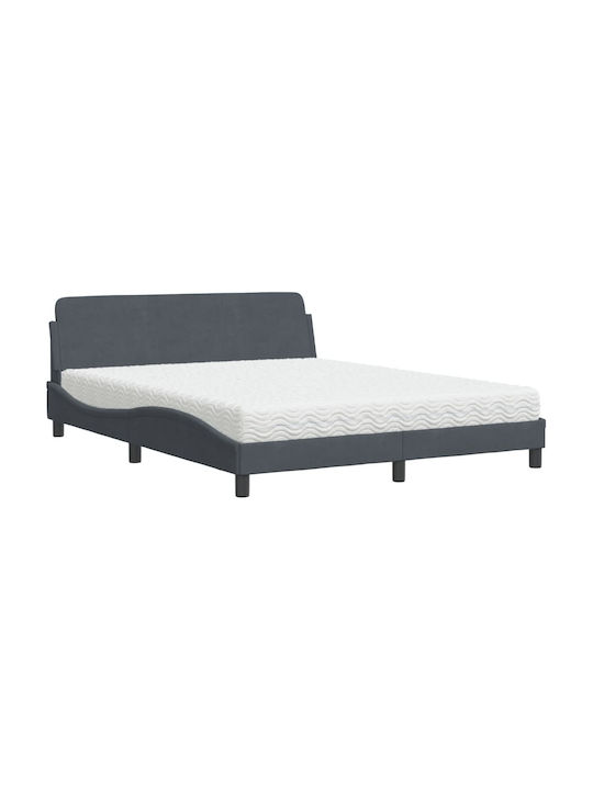 Κρεβάτι Υπέρδιπλο Επενδυμένο με Ύφασμα Σκούρο Γκρι με Τάβλες & Στρώμα 160x200cm