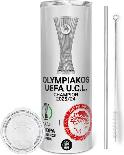 Olimpiacos Câștigător UEFA Europa Conference League Campion 2023/24 Termos Eco Prietenos din Oțel Inoxidabil 600ml cu Pai Metalic și Perie de Curățare