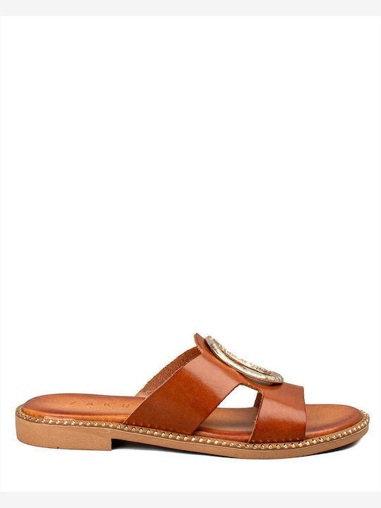 Leather Women's Flat Sandals in Tabac Brown Color