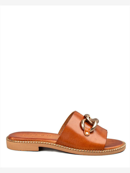 Leather Women's Flat Sandals in Tabac Brown Color