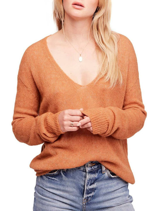 Free People Women's Long Sleeve Sweater with V Neckline terracotta