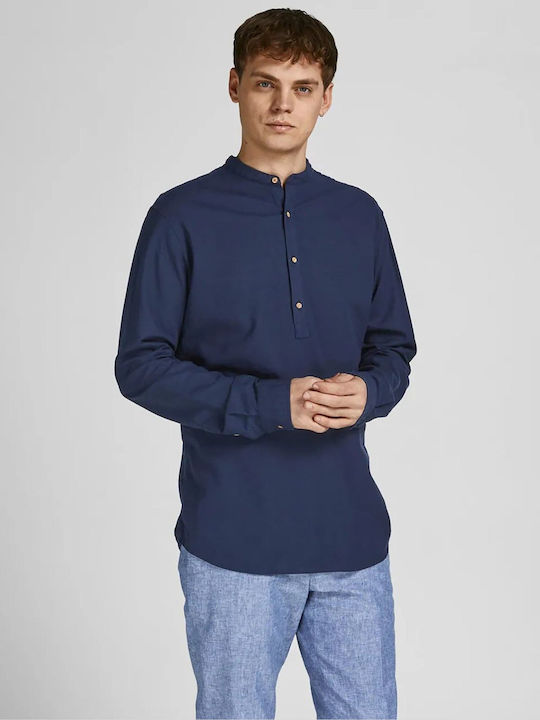 Jack & Jones Men's Shirt Long Sleeve Linen Blue