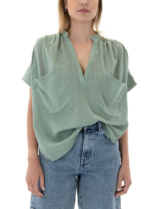 Namaste Women's Blouse Short Sleeve with V Neck Green