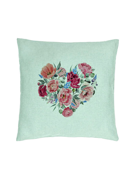 Decorative Pillow Heart Flowers Model 40x40 Cm Mint Green Removable Cover Piping