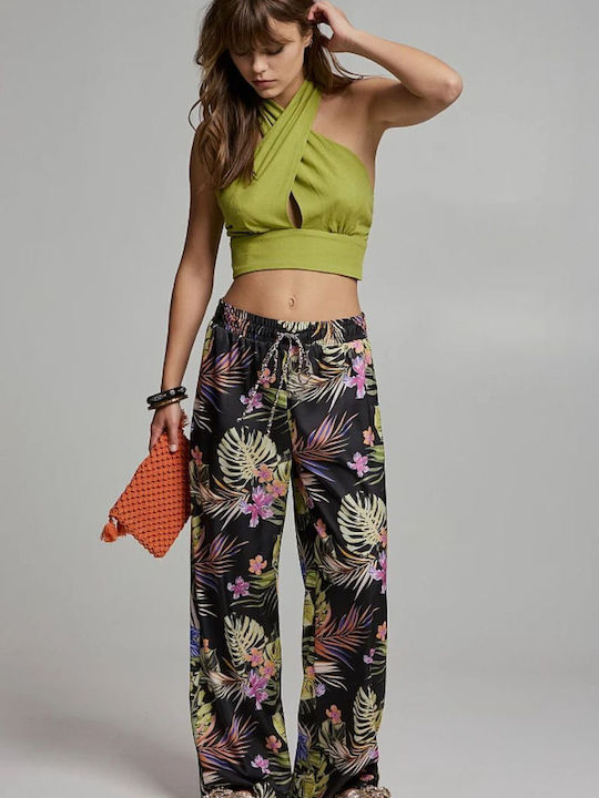 Women's Fabric Trousers with Elastic in Regular Fit Black