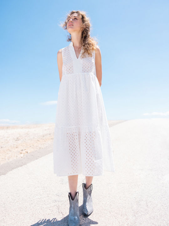 Sleeveless Dress with Perforated Embroidery White