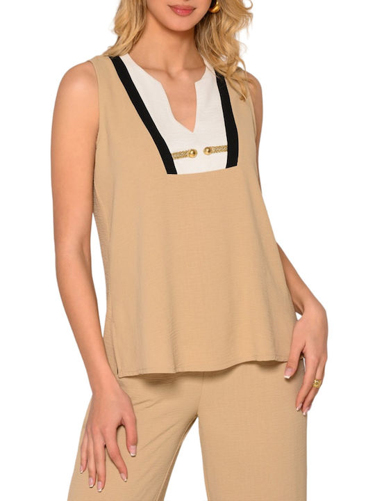 Derpouli Damen Sportliches Bluse Ärmellos mit V-Ausschnitt Beige