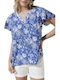 C'est Beau La Vie Damen Bluse mit V-Ausschnitt Blumen Blue Indigo