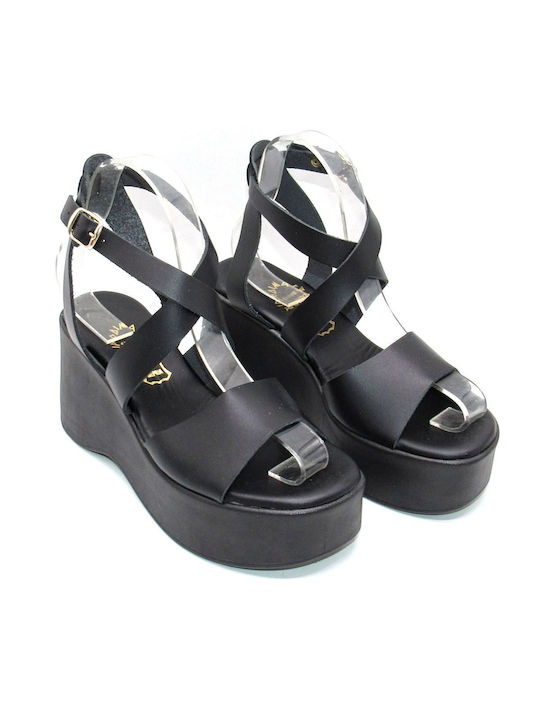 Ipodima Women's Leather Ankle Strap Platforms Black