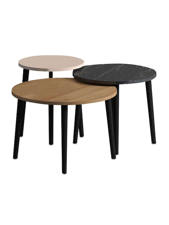 Round Coffee Table Roma Wooden Color Oak - Black 3pcs L60xW60xH46cm.