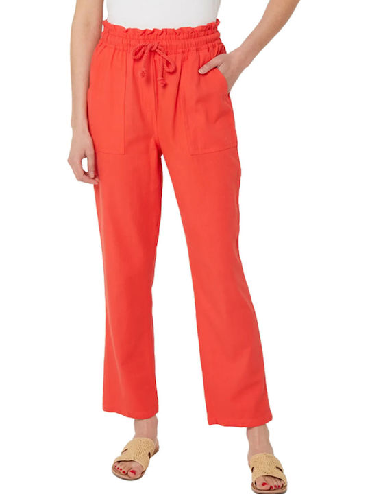 C'est Beau La Vie Women's High-waisted Fabric Trousers with Elastic Coral